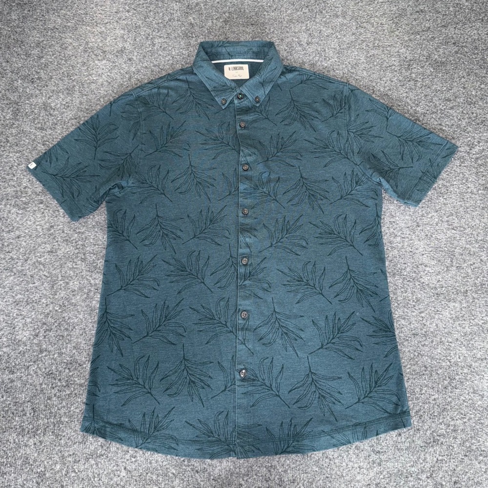 Linksoul Mens Medium Green Palm‎ Leaf AOP Button Down Shirt Tropical Golf Casual